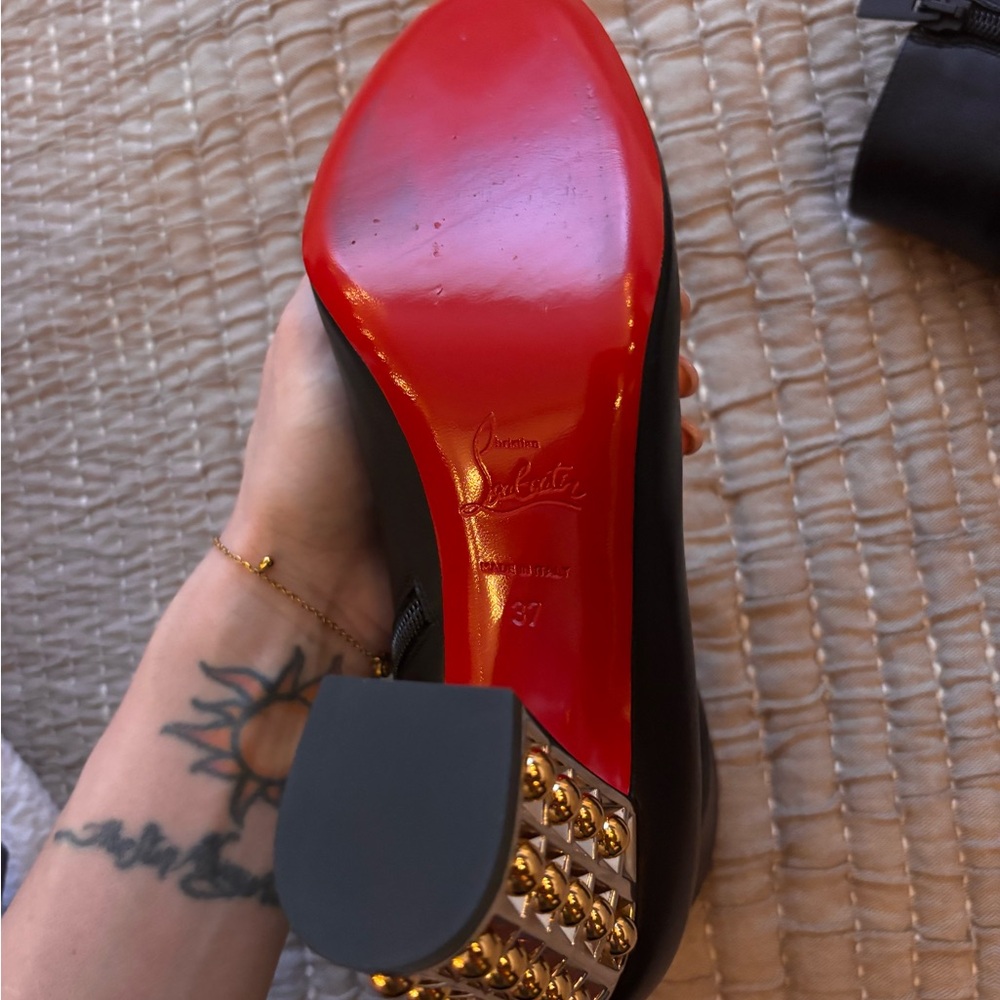 NEW Christian Louboutin Red Bottoms Black Booties with Gold Studded Block Heel - Picture 11 of 12